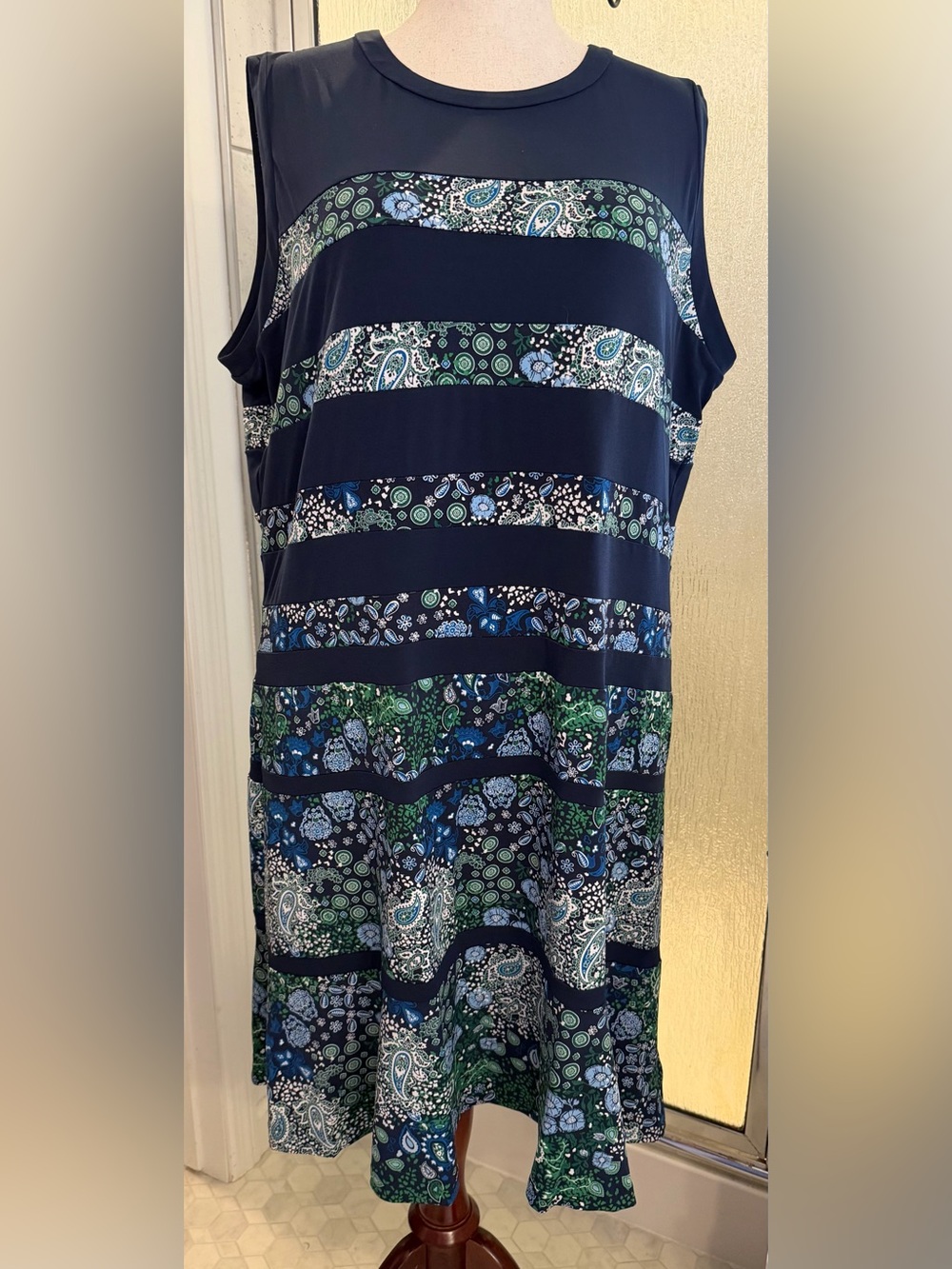 Michael Kors Navy Blue Paisley-Stripe sleeveless 3X Midi Dress $40 BNWT